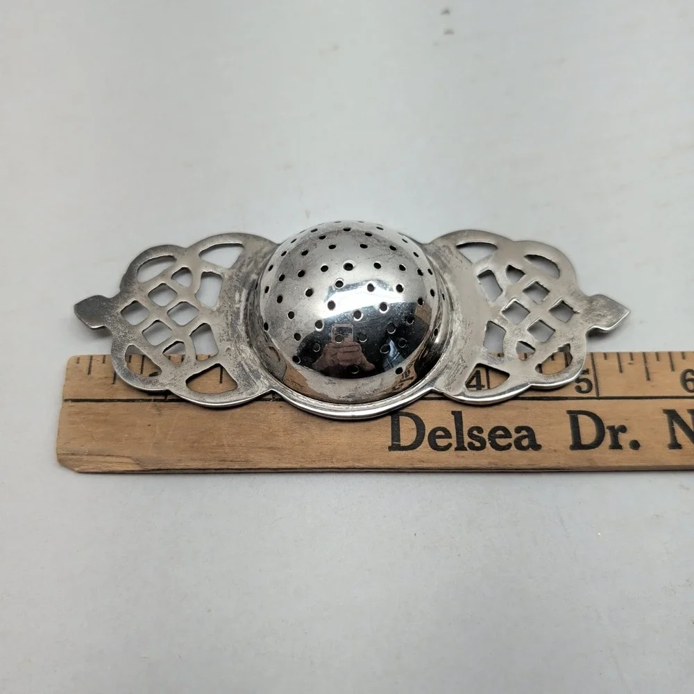 Silver Plate Tea Strainer Infuser Filigree Openwork Handles Victorian Art Deco